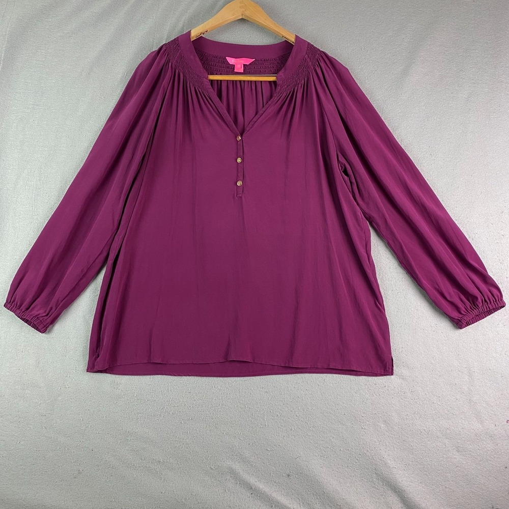 Lilly Pulitzer womens Elsa Top 2XL XXL purple solid 100% Silk Blouse
